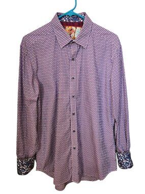 Robert Graham Flip Cuff Shirt Men's Size Medium Purple Blue White Geometric